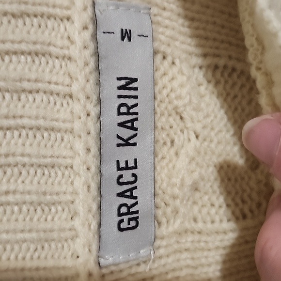 Grace Karin cream color cable knit sweater with pom pom/bobbles women's … - Picture 3 of 4